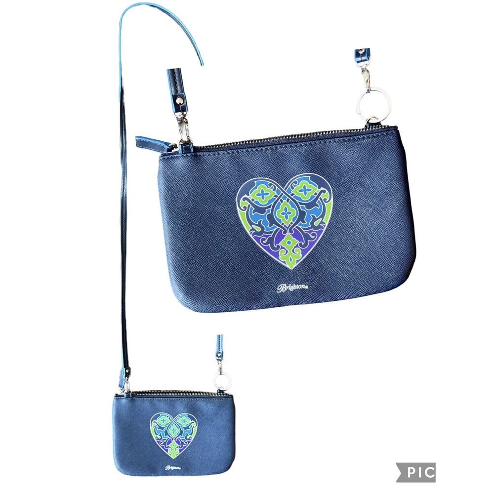 Brighton Navy Crossbody Wristlet with Blue, Green & Purple Heart Motif